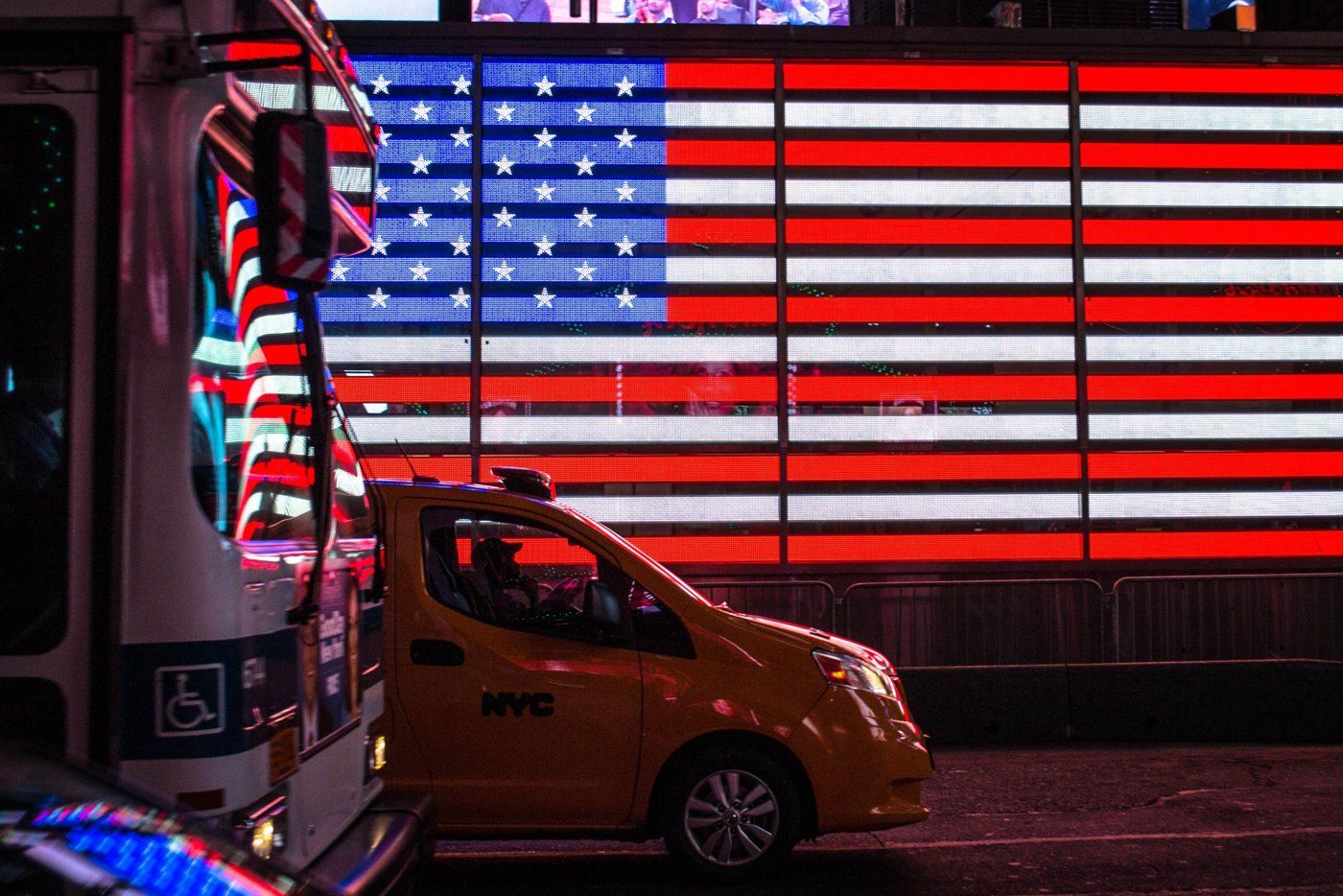 Close view of an LED flag display showing individual pixels
